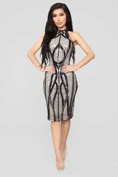 

High Quality Sexy Women Dress Halter Sequined Geometric Black Dress Homecoming Evening Party Fashion Dress