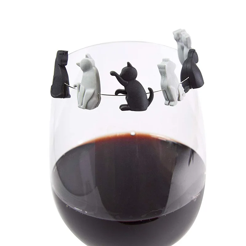 6Pcs/Set Silicone Meow Wine Glass Markers Black and White Cat Drinking Buddy Cup Identification Tea Bag Holders