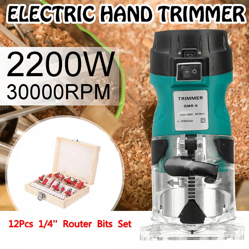

2200W Electric Hand Trimmer for Woodworking 1/4''Router Wood Laminate Palms Router Joiners Carving Machine Power Tool+2xWrench