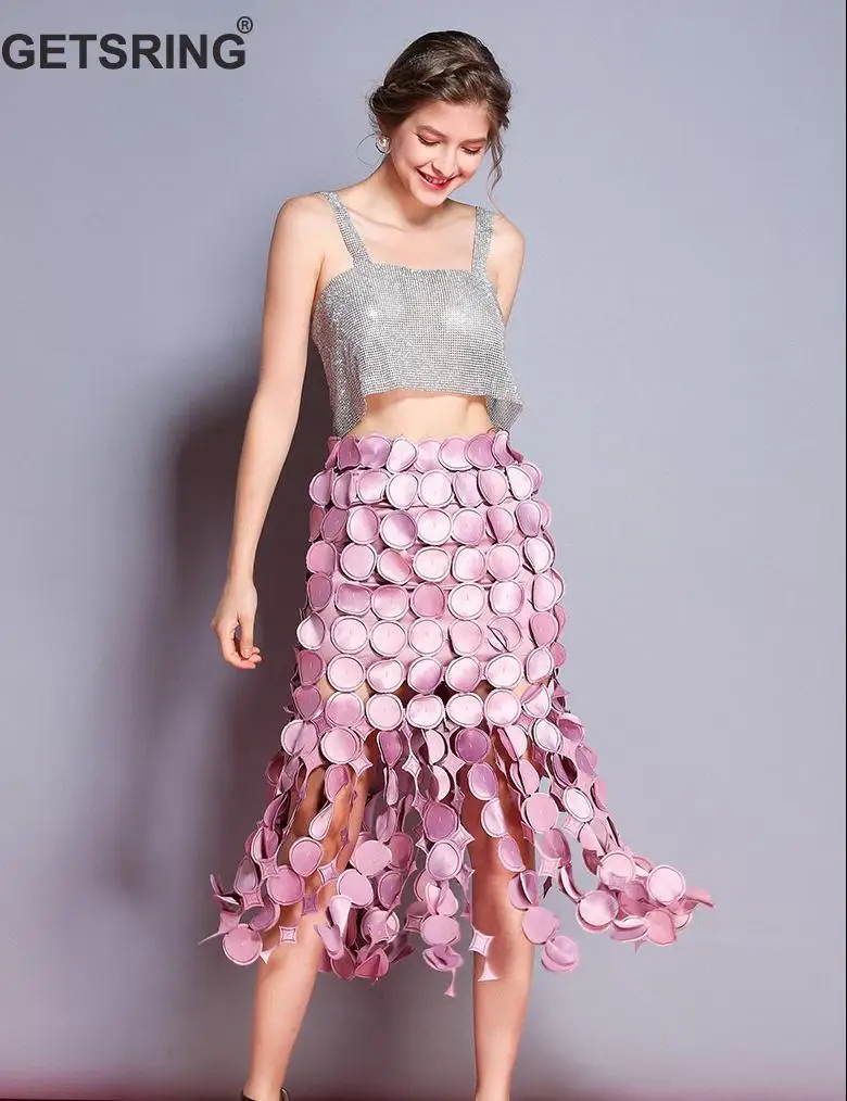 

GETSRING Womens Skirts Hollow Out Empire Mermaid Skirt Pink Sequin Woman Mid-Calf Skirts Tassel Sexy Womens Skirts 2018 Fashion