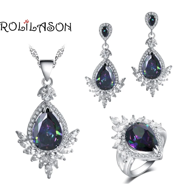 

ROLILASON Crown shape water drop design 925 Silver multicolor Zircon For girl Earrings Necklace Rings Jewelry Sets JS764