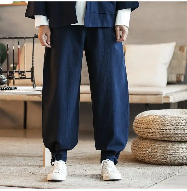Мужское хлопковое белье в китайском стиле, длинные штаны, однотонные свободные брюки с карманами на шнурке, 9 цветов, большие размеры, M-7XL, черный, хаки, красный