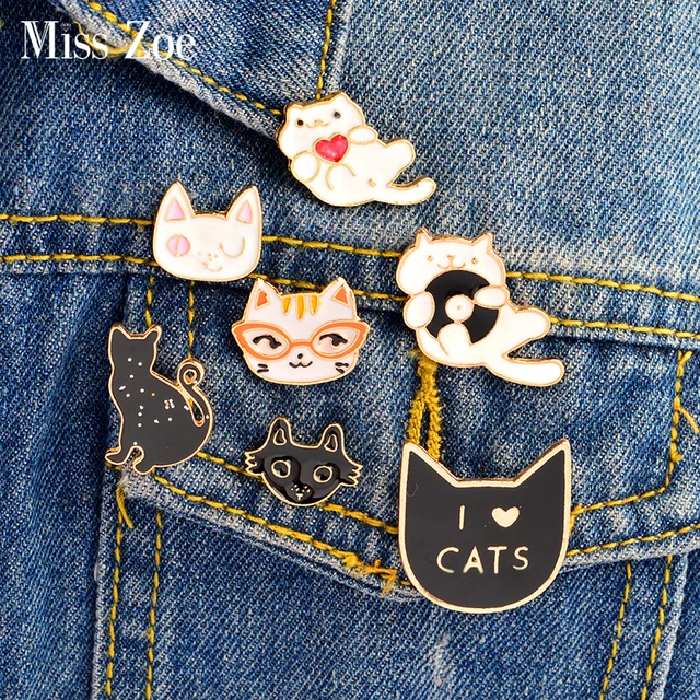 Cartoon cat kitten Enamel pin Brooch CD heart glasses wink cat black white Lapel Cartoon cat kitten Enamel pin Brooch CD heart glasses wink cat black white Lapel