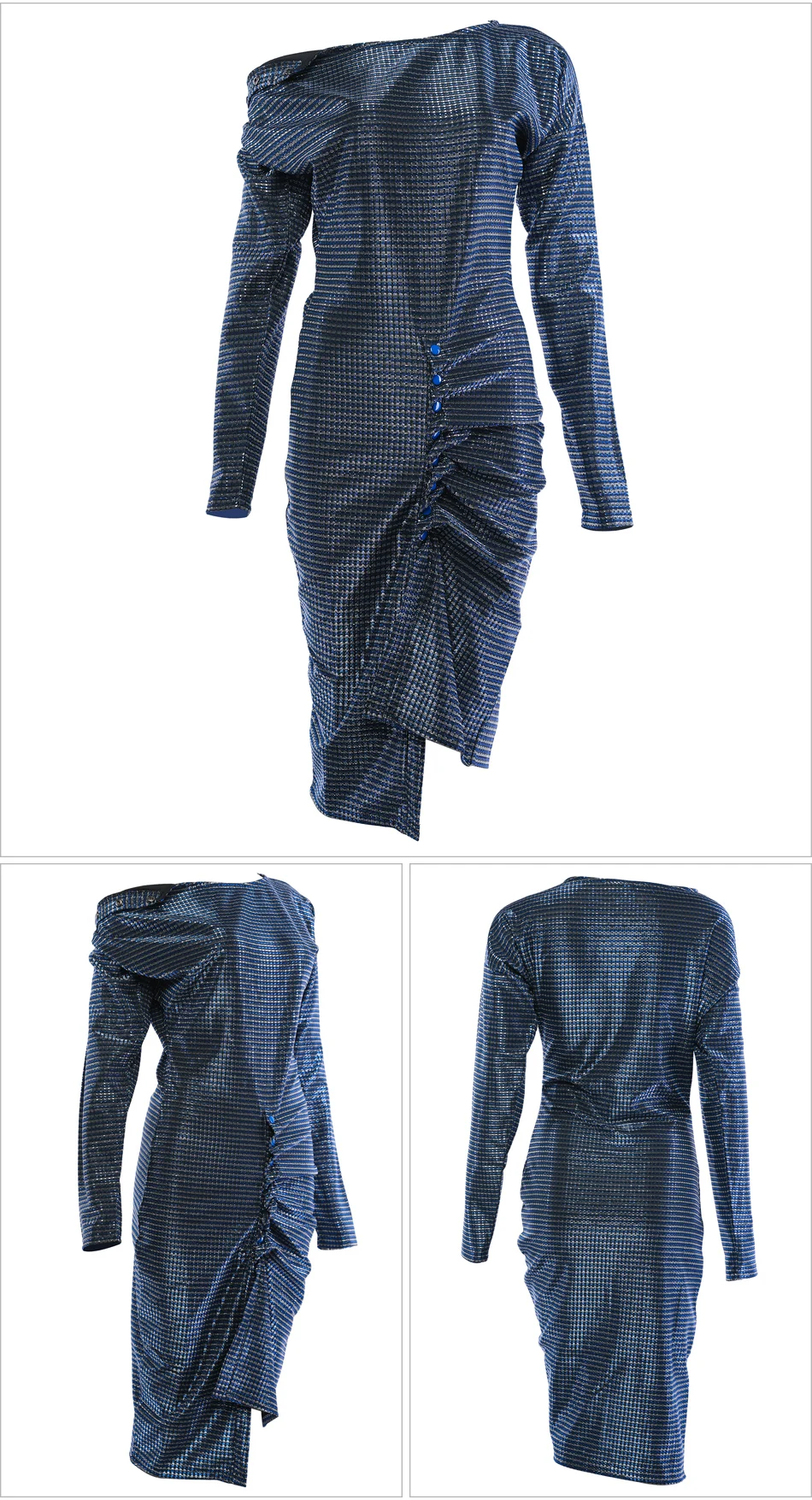 Серебряный Ruched Для женщин сексуальное платье Gigi Hadid; Звездная длинный рукав; пуговицы Украшенные разрез нерегулярные облегающее Мини Вечерние платья