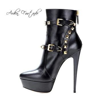 

Fashion women's shoes winter 2019 pointed toe waterproof zipper buckle short boots sexy elegant ladies rivets ankle boots 44 45