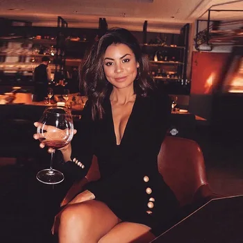 

High quality 2019 spring new fashion commuter single-breasted suit-style dress deep V sexy solid color long-sleeved slim dress