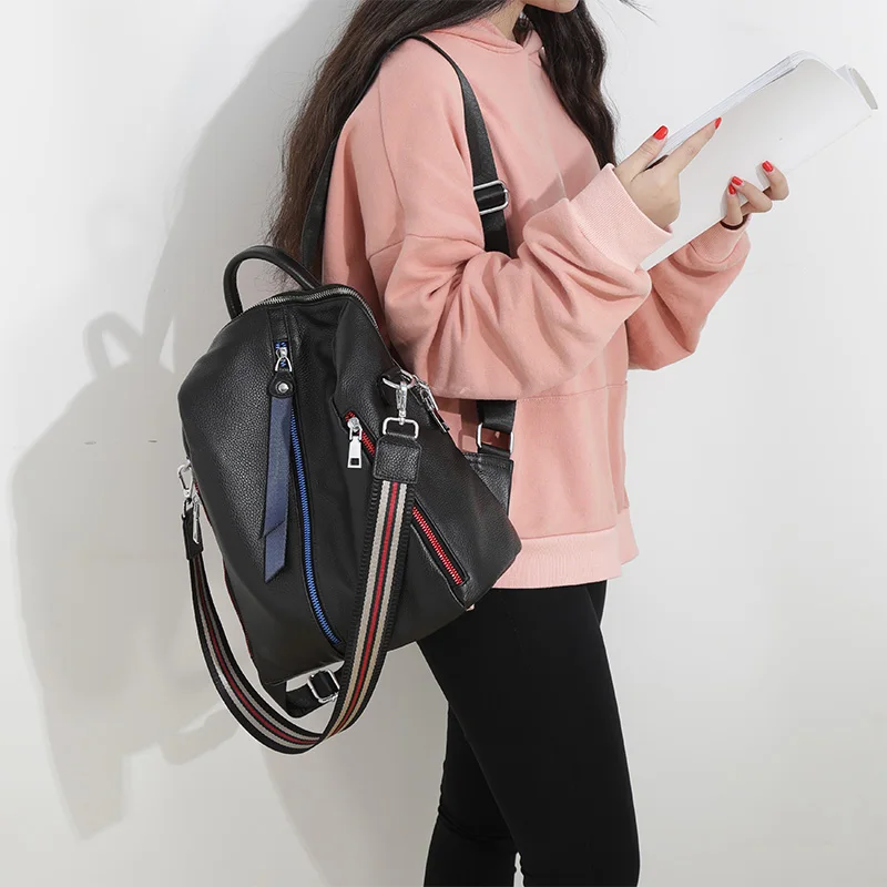 Leisure Handmade Top Layer Cowhide Leather Ladies Backpack Purse Large Capacity Multi-use Black Backbag Korean Girl School Bag