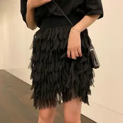 Летние кисточки короткая юбка корейский Высокая мода лоскутное тонкий шифон кисточки Мини прямые юбки