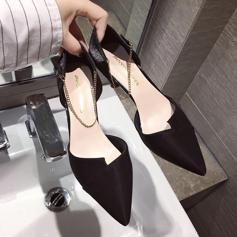 

2019 women wedding party shoes Metal chain female pumps sexy Black wine red pointed toe high heels lady evening dress shoe's