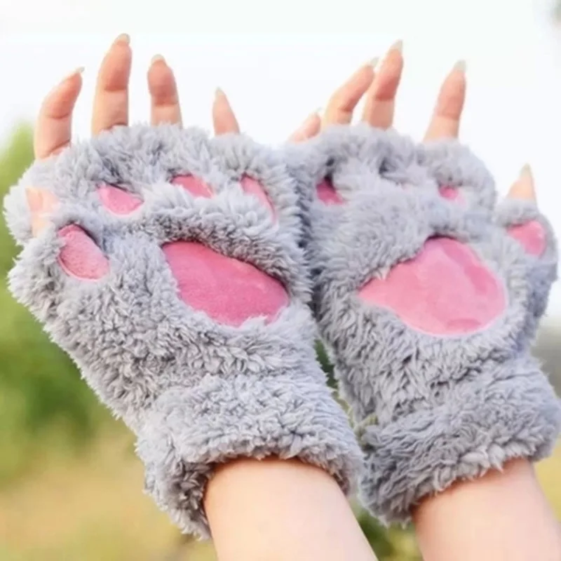 Женские зимние милые кошачьи лапы перчатки без пальцев короткие теплые перчатки половина пальцев - Цвет: as show