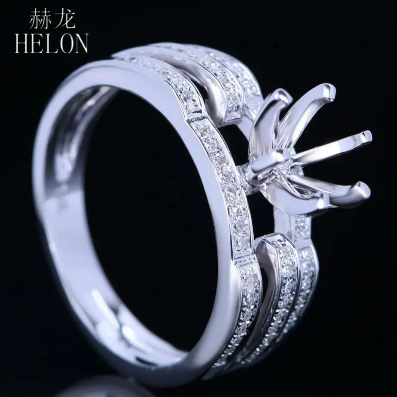 

HELON Solid 10K White Gold Women Jewelry 5.5-6.5mm Round Semi Mount Genuine Natural Diamond Engagement Wedding Fine Ring Setting