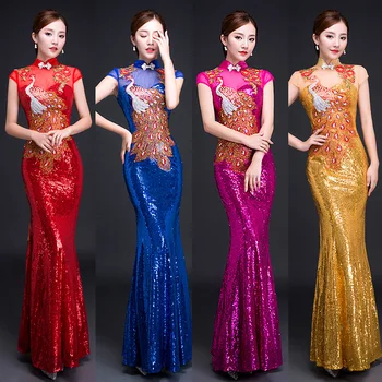 

Chinese Style Mandarin Collar Qipao Elegant Women Sequins Mermaid Dress Noble Peacock&Floral Stage Show Cheongsam Vestidos