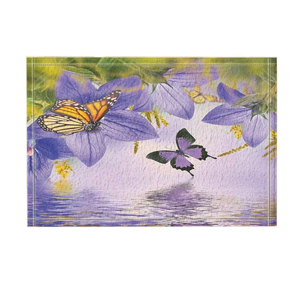 

Bed and Bathroom Carpet Kitchen Mats Spring Floral Decor, Purple Butterfly Flying on Flowers Bath Rugs, Non-Slip Doormat