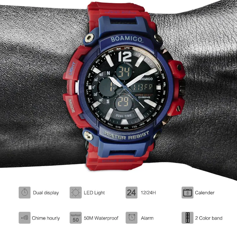 BOAMIGO العلامة التجارية الرجال الرياضة الرقمية التناظرية الساعات الرجال LED التوقيت المزدوج ساعة مقاومة للماء صدمة المعصم Relogio Masculino