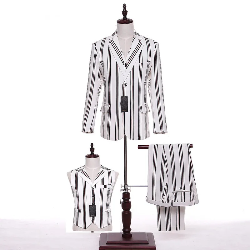 

New men's suit white red and black stripes lapel single-breasted men's business office suite (jacket + pants + vest) custom made