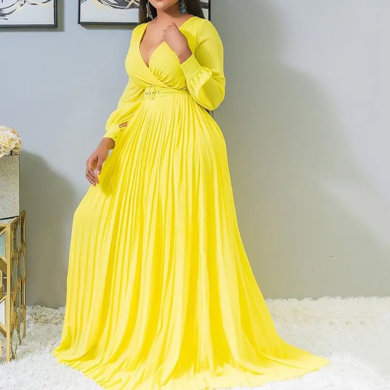 

Yellow Sexy Lantern Sleeve Plus Size Office Ladies Women Long Dresses Pleated Plain Dinner Party Vintage Female 2019 Maxi Dress