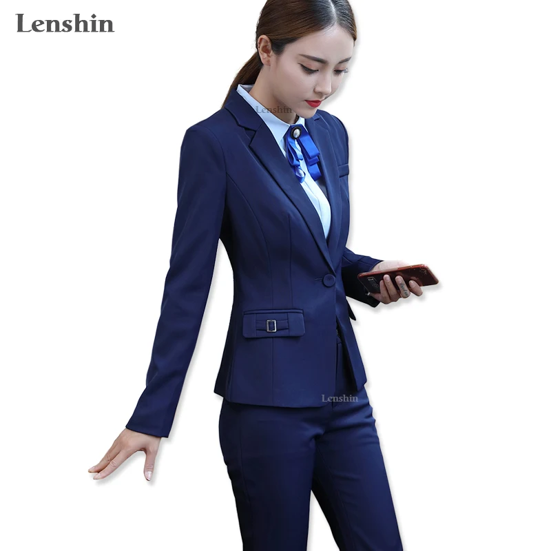 Lenshin 2 Pieces Set Women Blue Pant Suit Business Formal