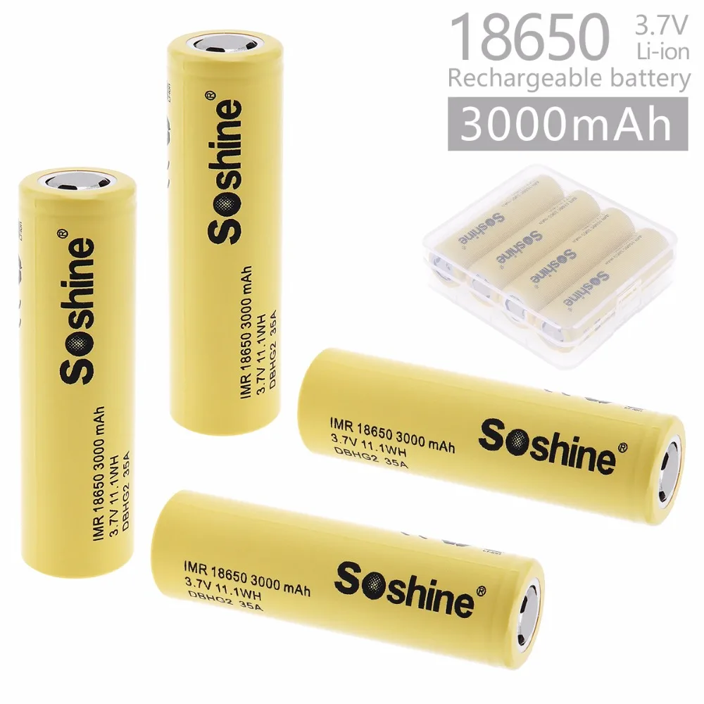 

Soshine 4pcs 3000mAh 35A 3.7V 11.1WH IMR 18650 Rechargeable Li-ion Battery with Safety Relief Valve + Portable Battery Box