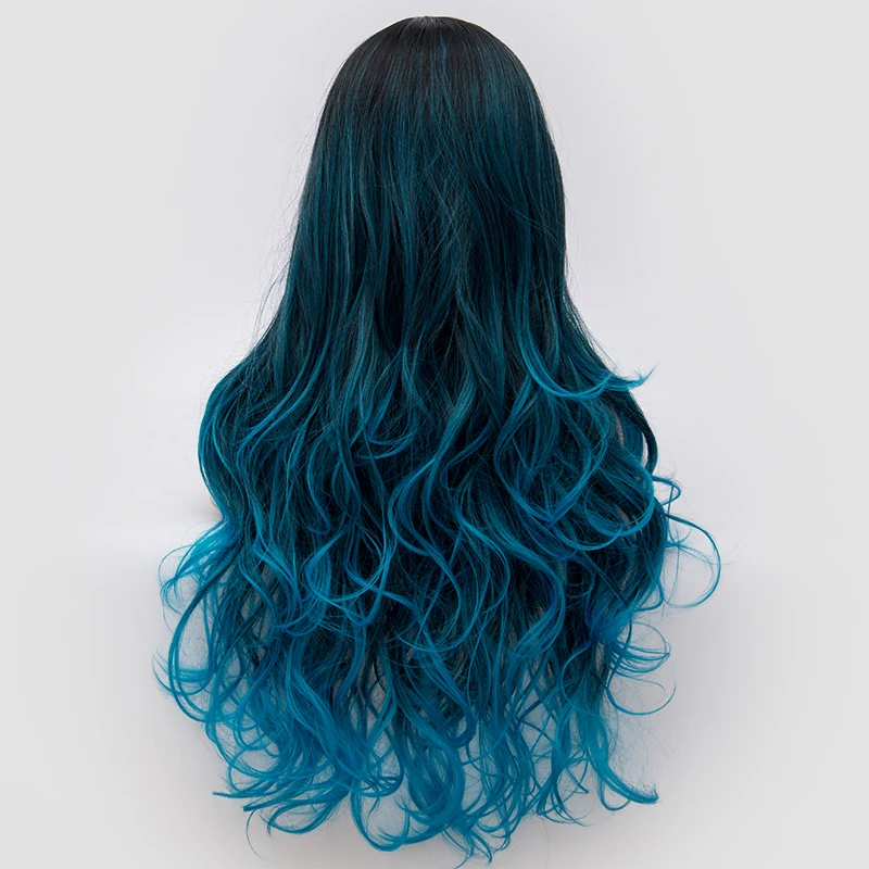 Similler 26 pulgadas pelo de fibra resistente al calor raíz oscura Ombre azul Highlight Body Wave peluca sintética para mujer Cosplay