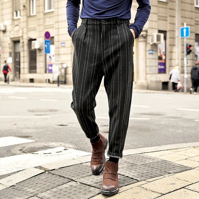 2017 Men fashion casual woolen cotton pants men slim fit vertical ...