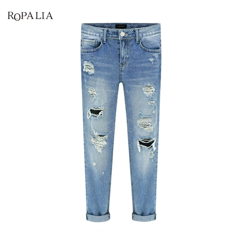Женские джинсы Рваные прямой максимальной длины Famale отверстие середины талии джинсы брюки для девочек промывают хлопковые брюки