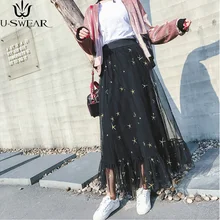 Новая пышная женская черная юбка из прозрачной ткани с вышивкой звезд модная винтажная плиссированная Цветочная вышивка элегантная женская пачка юбки