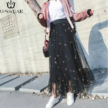 

2020 New Puff Women Stars Embroidery Black Mesh Tulle Skirt Fashion Vintage Pleated Floral Embroidery Elegant Female Tutu Skirts