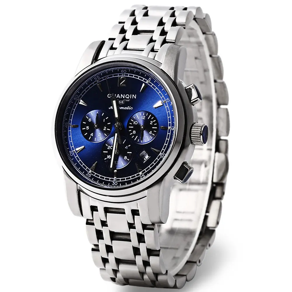 GUANQIN GJ16003 водонепроницаемые мужские японские Модные кварцевые часы с ремешком из нержавеющей стали рабочие суб-циферблаты - Цвет: SILVER AND BLUE