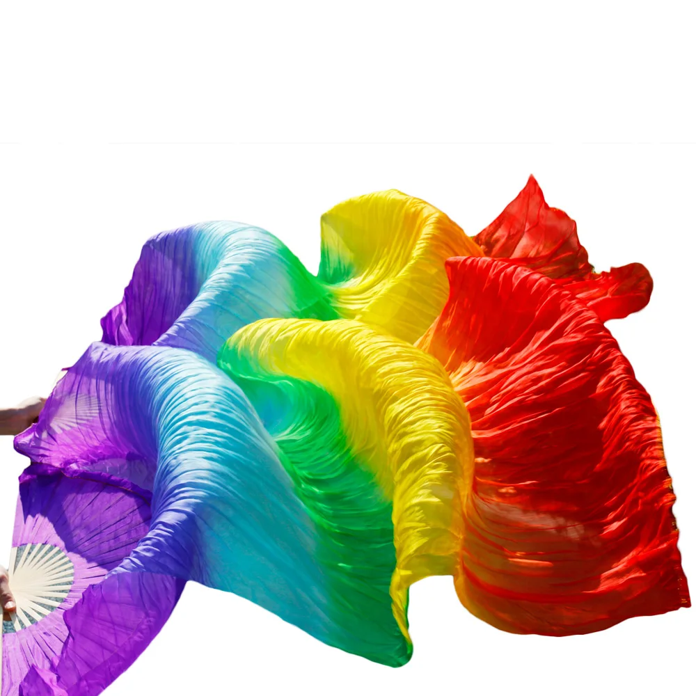 

2018 Stage Performance 100% Silk Belly Dance Fans Gradient Colour Dance Accessories Belly Dancing Silk Fans Rainbow Colours