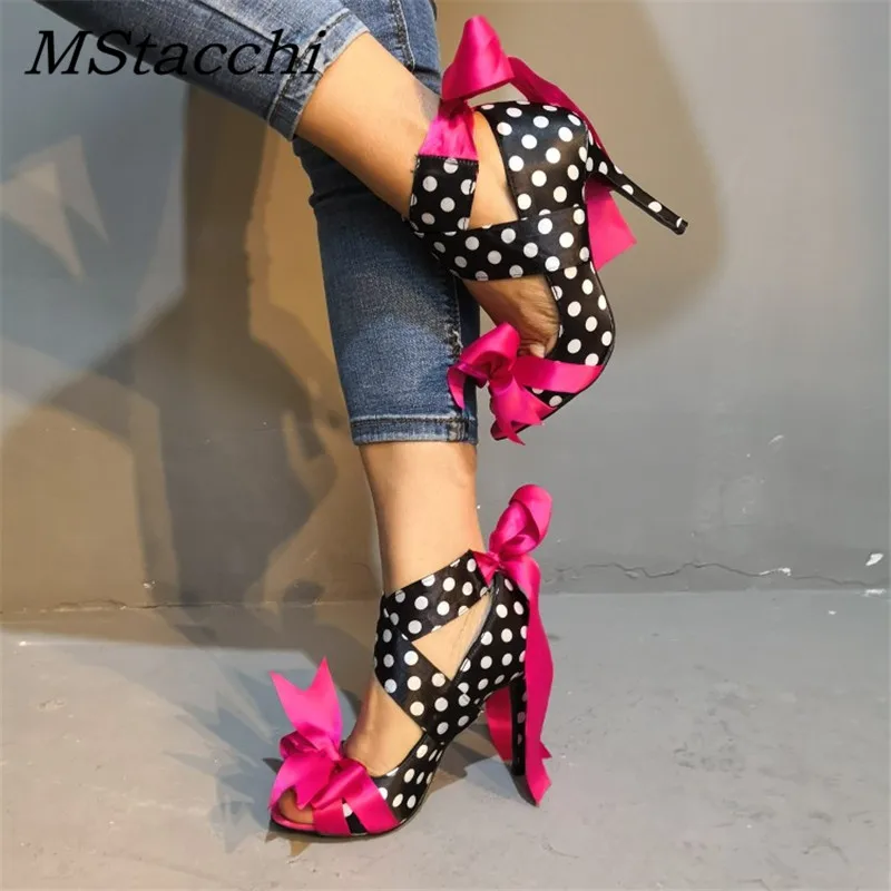 MStacchi Для женщин высокие ботинки на каблуках новая мода Шелковый галстук-бабочка обувь для взрослых Для женщин Гладиатор разноцветная обувь леди бабочка узел обуви