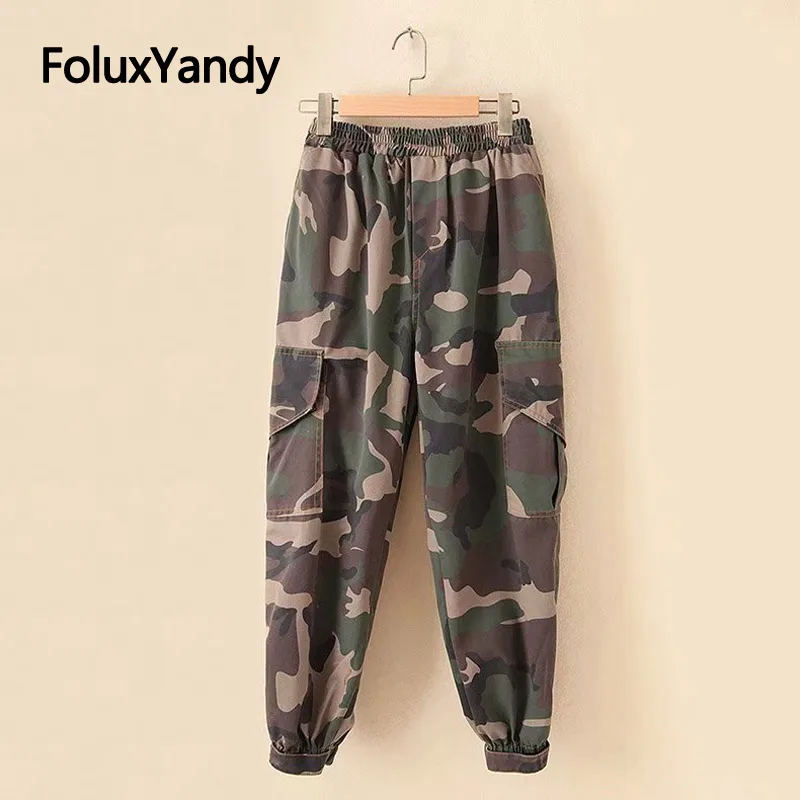 

2019 New Safari Style Women Pants Plus Size 3 4 5 XL Elastic Waist Loose Harem Cargo Pants Camouflage Trousers KKFY3431