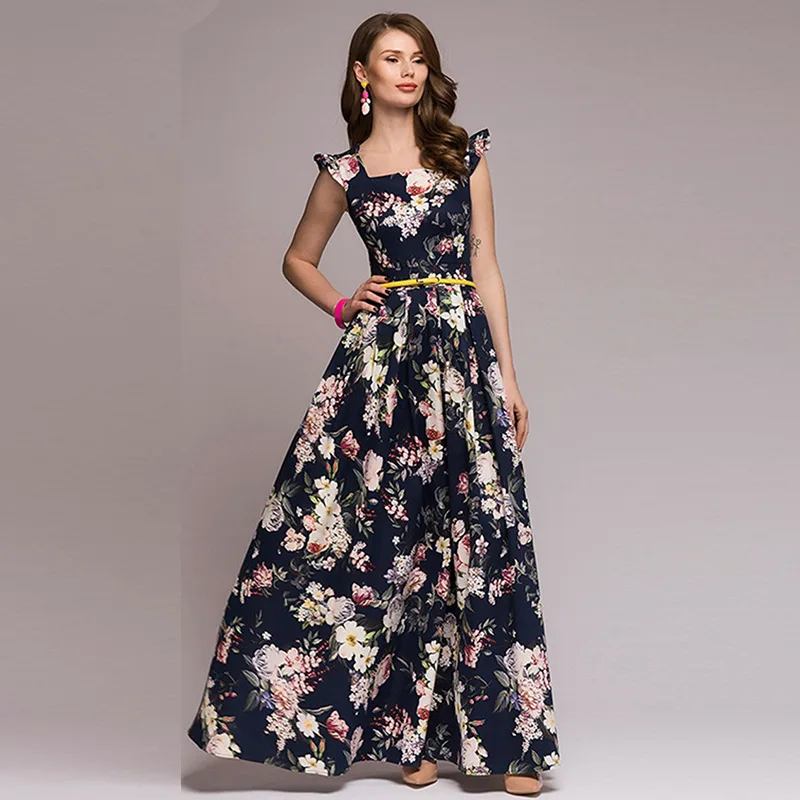 

Women's Print Holiday Dress 2018 Pop Sleeveless Square Collar Colory Savory Long Vestidos Elegant Sexy Women's Dress