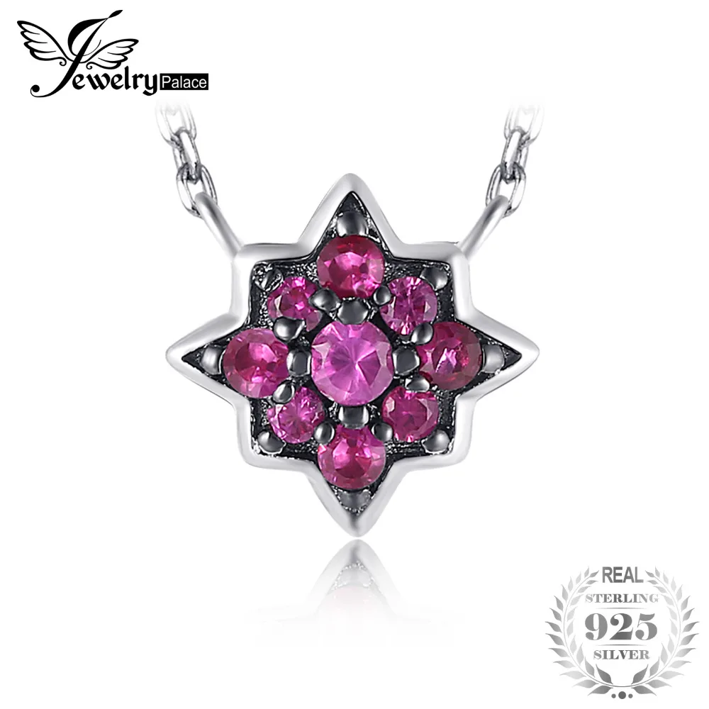 

JewelryPalace Vintage 0.2ct Created Ruby Flowers Necklace With Chain 925 For Women 925 Sterling Silver Birthday Present