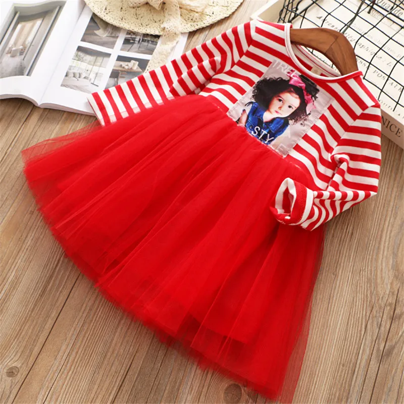 

2018 autumn high quality girls dress casual cartoon pattern bow kid children girls clothing party dress princess dress for girls