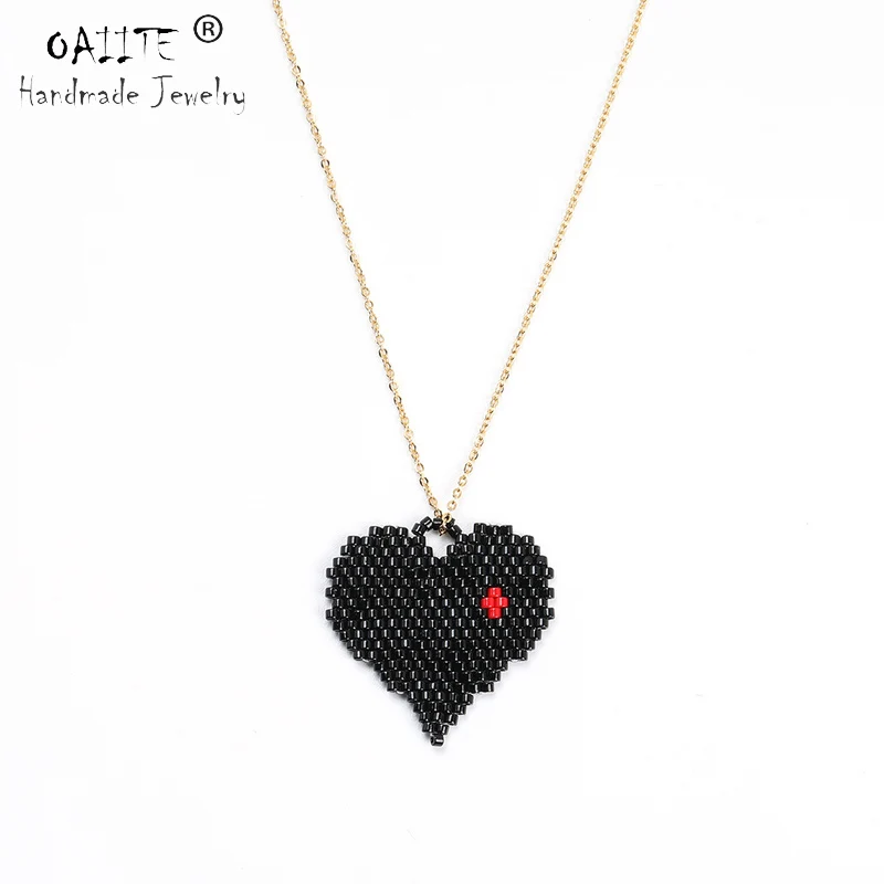 

OAIITE Black Red Heart MIYUKI Necklace Women Handmade Delicas Bead Pendants Necklace Metal Chain Jewelry Valentine's Day Gift