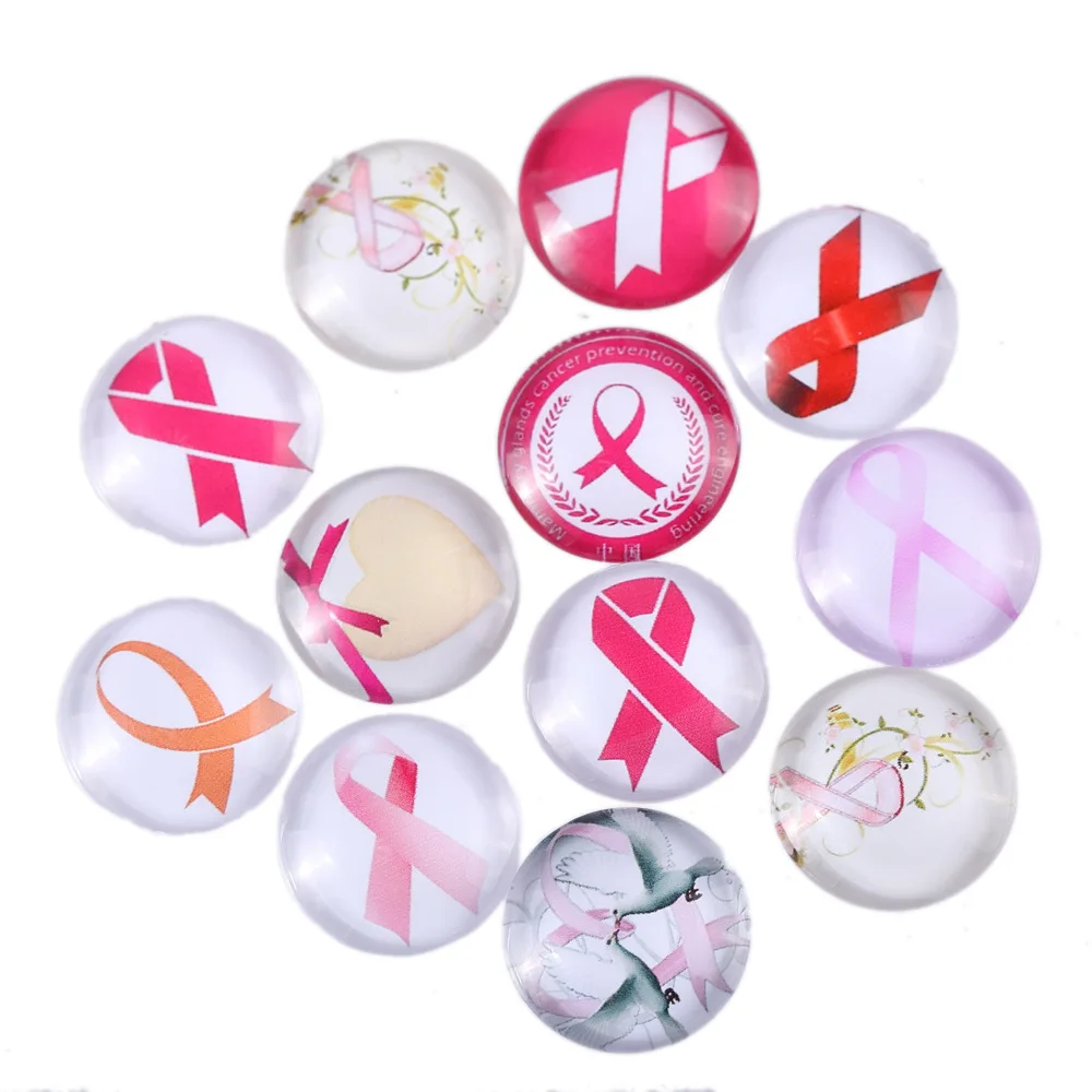 

10pcs 20mm Mix DIY Breast cancer awareness photo glass cabochon charms, flatback round ribbon picture glass dome pendant jewelry