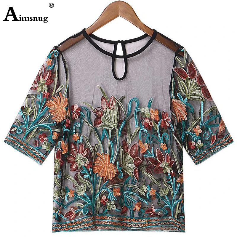

Sexy Tops Refinement Embroidery Stereo Flower Perspective Female Lace T Shirt Short sleeve 2019 Summer Sweet Women T-shirt