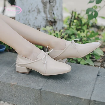 

Chainingyee college style comfortable round toe real leather pumps lace-up black beige brown thick middle heel women's shoes
