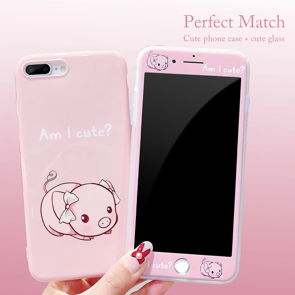 Ascromy For iPhone XS Max Case Cute Pink Pig Tempered Glass 360 Protection Silicone Cover For iPhone XR X S 8 Plus 7 6 6S Coque Accessories (4)