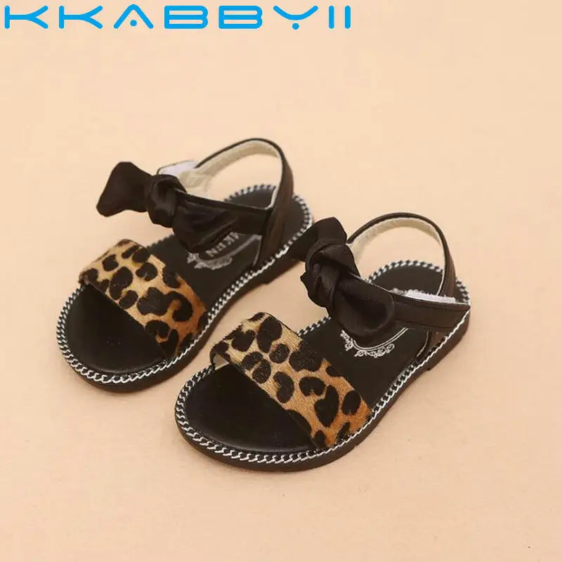 

Girls Sandals New Summer Fashion Leopard Bowtie Kids Sandals Children Princess Flat Shoes Beach Sandals For Girls EU 21-36