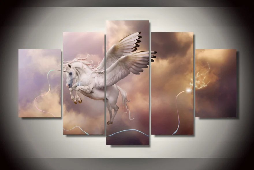 

Home Decor 5 Pieces Fantasy Art Unicorn Pegasus Modular Canvas HD Prints Posters Living Room Canvas Painting Pictures Wall