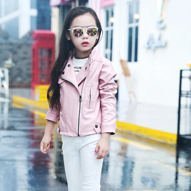 Детская куртка из искусственной кожи осеннее кожаное пальто для девочек куртка на весенний сезон однотонная Повседневная Верхняя одежда для детей Одежда для девочек от 3 до 12 лет - Цвет: pink