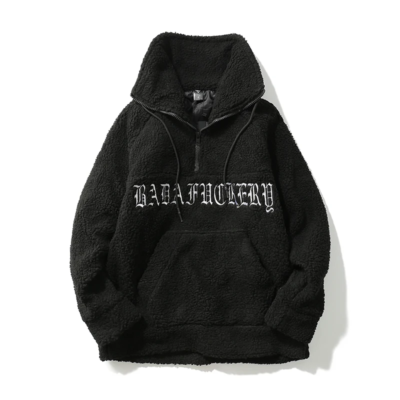 

Harajuku Lamb wool Turtle Neck Pullover Gothic Letter Embroidery Half Zip Sweatshirt Streetwear