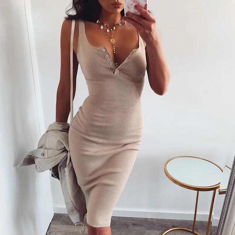 

Knee-Length Dress Knitted Elastic Sleeveless Bodycon elegant Women 2019 Summer Sexy V-Neck Button Party Slim Dresses