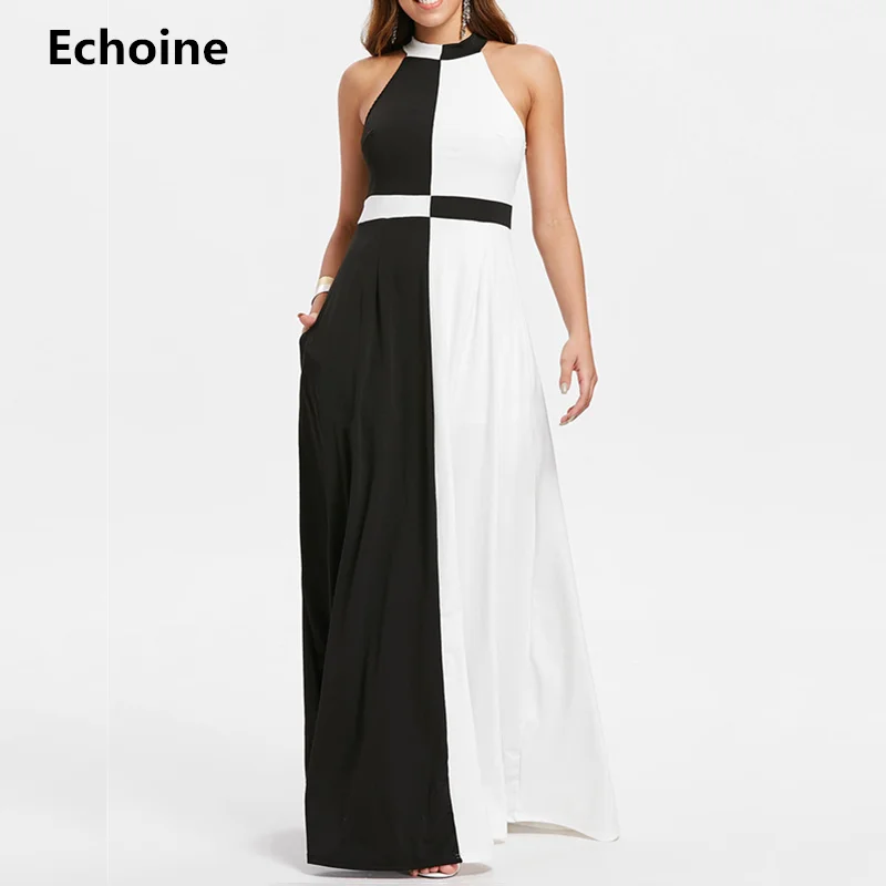 

Sleeveless Halter Maxi Dress White and Black Sexy Elegant Party Dress Femme Robe Woman Long Dresses Vintage Vestidos Summer