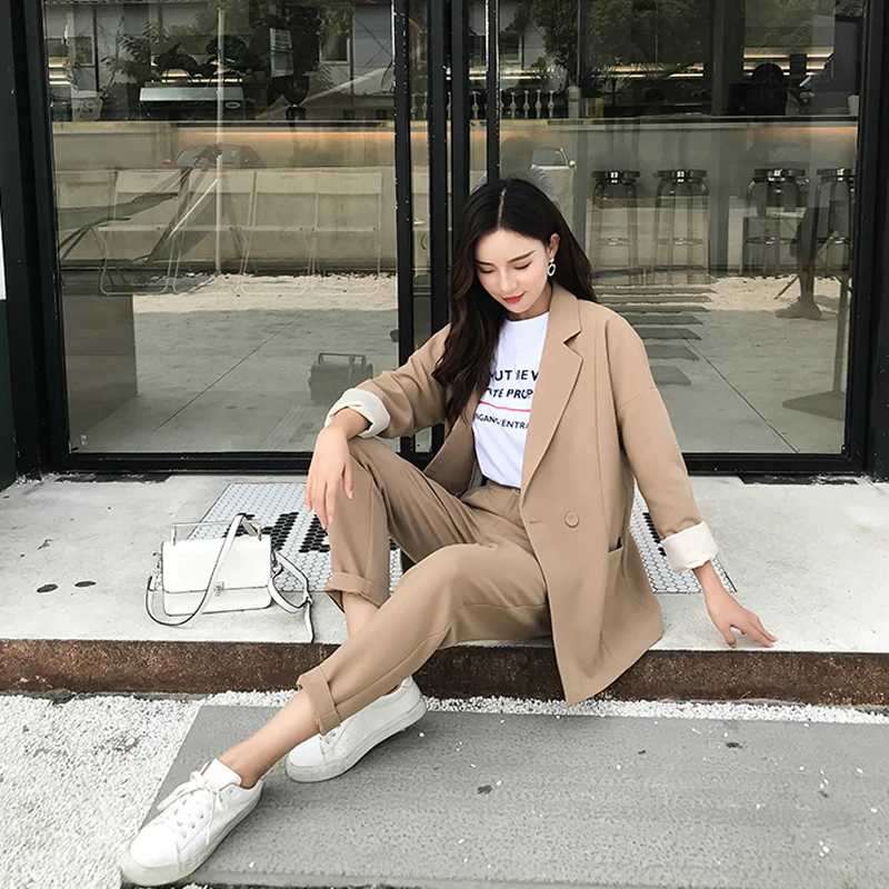 Casual Solid Women Blazer Suit Solid Khaki High Quality Notched Collar Blazer Jacket & Pencil Blazer For Office Lady 2019