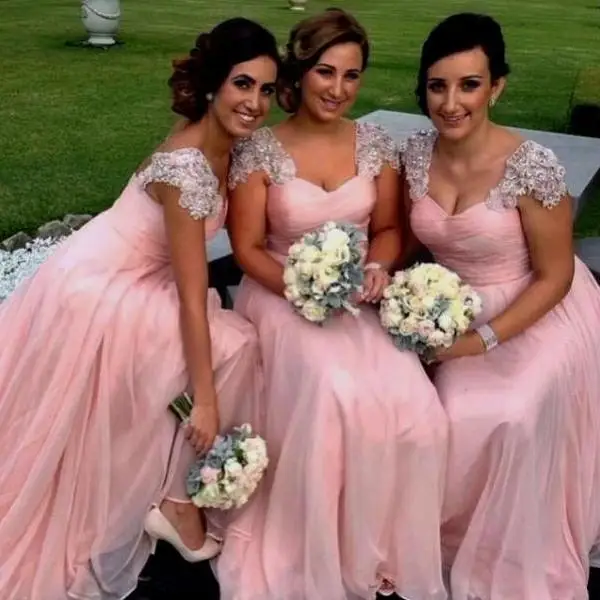 

Country Dusty Rose Bridesmaid Dresses Cap Sleeves Floor Length Chiffon Backless Long Beaded Plus Size Wedding Guest Dress 2019