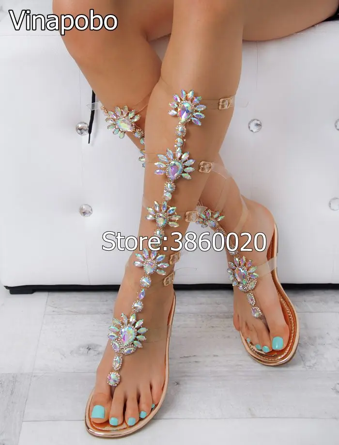 

Women Charming Bling Bling Gold Straps Rhinestone Long Flat shoe Knee high Gladiator Sandals Bohemia Style Crystal Sandals Boots