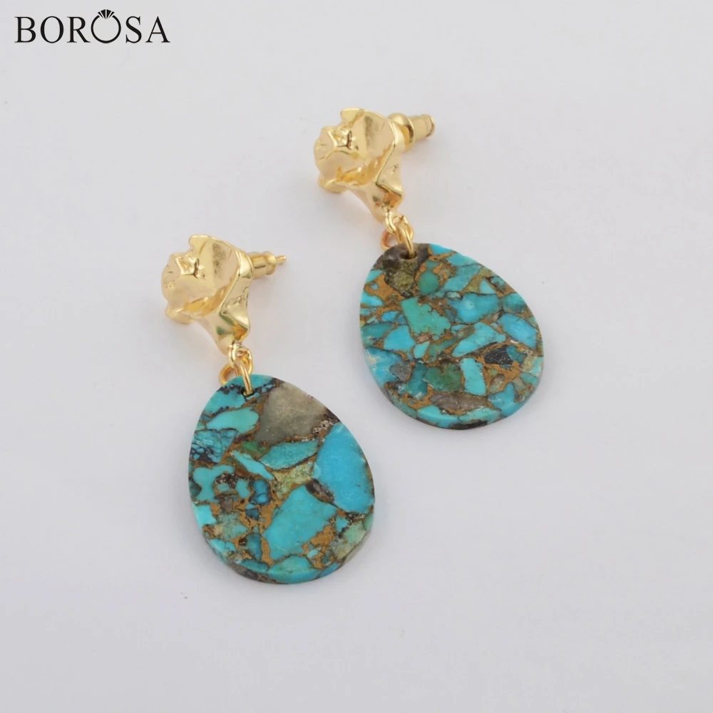 

BOROSA Gild Teardrop Natural Gold Line Turquoises Slice Drop Earrings Natural Gems Stones Howites Earrings for Lady Gifts G1796