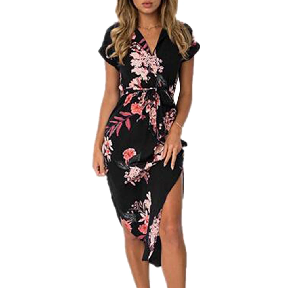 

Summer Vintage Sexy Slit V-Neck Wrap Dress Printed Pattern Short Sleeve Midi Women Sexy Dresses Floral Print